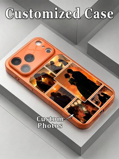 1 Peça Capa de Telefone DIY 6-Fotos Laranja Luxo Moda Janela Grande Proteção de Lente de Vidro Temperado Anti-Queda Compatível com Apple 17ProMax/17Air/16ProMax/16Plus/15ProMax/15Plus/14Pro/13ProMax/12ProMax/11 Acessórios de Telefone Cobertura Total Capa Protetora Premium