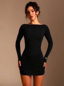 XLLAIS Sexy schwarzes plissiertes Boot-Ausschnitt figurbetontes elegantes Langarmkleid Herbst/Winter Sommer - Schwarz - Übersicht 1