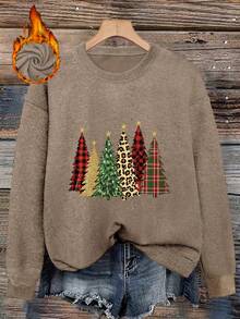 Plus Size Women Christmas Tree Pattern Print Casual Crew Neck Pullover Knit Sweater - Earth Gray - View 1