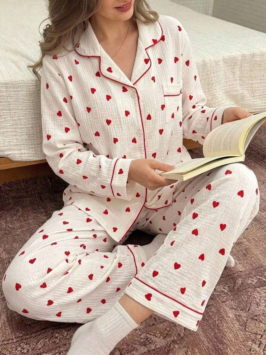 DAZY Pure Slumber 2pcs Heart Print Long Sleeve Pajamas, Textured Lapel Loungewear For Spring/Summer - Pink - View 1