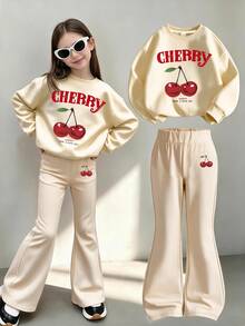 2pcs/Set Girls Parent-Child Outfit, Delicious Cherry Print Sweatshirt And Flared Pants, Soft Fabric, Casual Street Style - Multicolor - View 1