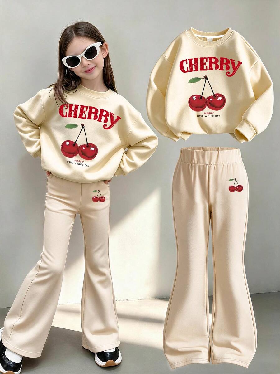 2pcs/Set Girls Parent-Child Outfit, Delicious Cherry Print Sweatshirt And Flared Pants, Soft Fabric, Casual Street Style - Multicolor - View 1