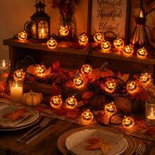 1件 6米 40 LED 萬聖節恐怖氛圍南瓜燈串燈 Jack-O'-Lantern 電池供電，適用於露營、泳池、萬聖節派對、公園、鬼屋、壁爐、樹木、桌面裝飾 - 暖白色 - 查看 4