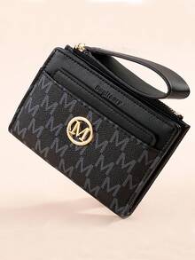歐美風荔枝紋極簡女款錢包，高端優雅雙折卡槽多隔層拉鍊短款零錢包，字母設計 - 黑色 - 查看 6
