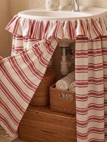 1/2pcs Beige With Red Horizontal Stripes Fabric Wash Basin Skirt, Warm Pastoral Style, Round Top With Ruffle Edge And Gathered Hem Detail, Covers Wash Basin Pipes And Decorative Beautification Function, Suitable For Warm Tone Bathroom And Cozy Home Decor Scenes - Red - View 5