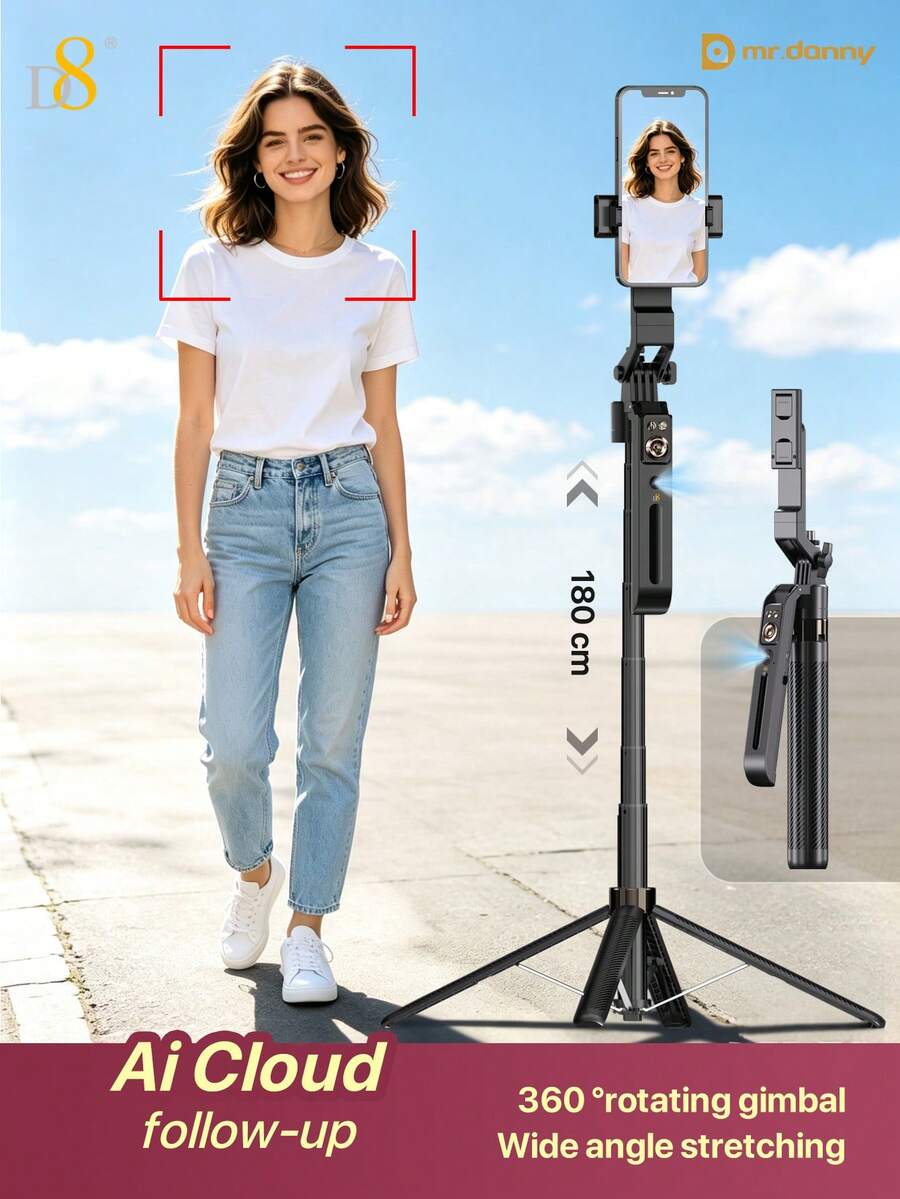 D8 1.8m Smart Auto-Tracking Gimbal Tripod, AI Face Tracking Joystick Stabilizer, Anti-Shake, 360° Horizontal & Vertical Rotation, Aluminum Alloy Extendable Selfie Stick, 4-Leg Stable Phone Holder, Suitable For Selfie, Video Vlog