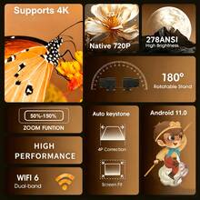 [2026 New Model] Smart 4K Projector, Wi-Fi Wireless Connection, Mini Projector, Android 11.0 System, Short Throw Projection, Supports 4K/Native 720P High Definition, Built-In Speaker, Comes With Remote Control, 180° Rotatable, Adjustable, Suitable For Indoor/Outdoor Viewing - Black - View 4