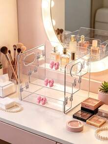 Pink Bow Desktop Organizer/Portable Three-Tier Storage Rack/Cosmetic Organizer/Suitable For Storing Lipsticks, Perfumes, Makeup Brushes, Toners, Lotions, Etc./Applicable For Bathrooms, Bedrooms, And Vanities/Desk & Drawer Organizer For Home Storage - Multicolor - View 2