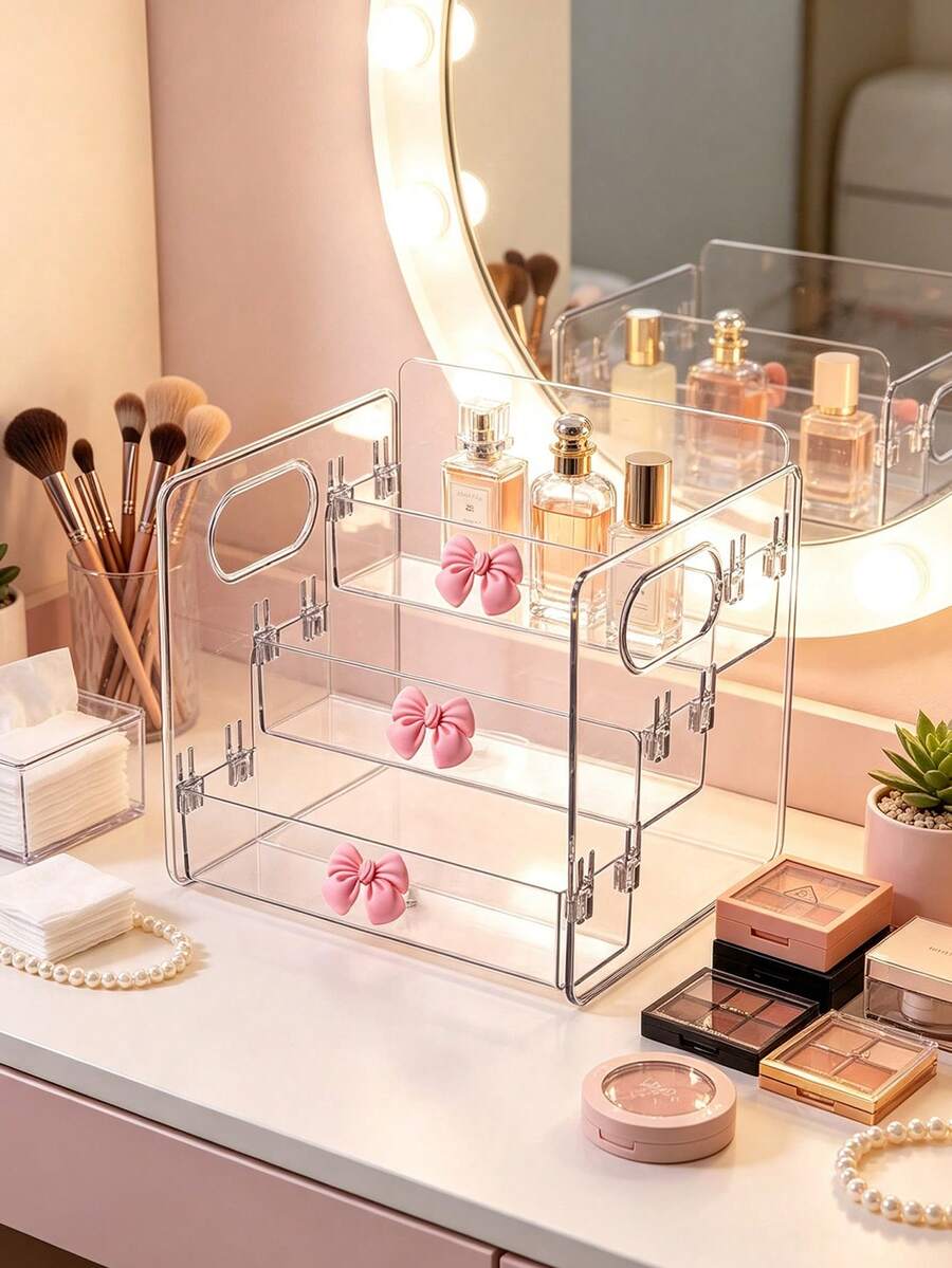 Pink Bow Desktop Organizer/Portable Three-Tier Storage Rack/Cosmetic Organizer/Suitable For Storing Lipsticks, Perfumes, Makeup Brushes, Toners, Lotions, Etc./Applicable For Bathrooms, Bedrooms, And Vanities/Desk & Drawer Organizer For Home Storage