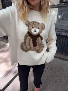 Joy Knit Women's Autumn/Winter New Sweater Top - Casual Minimalist Fashion Versatile - Basic Tops - Knitwear - Vintage Collegiate Style - Back To School - Teddy Bear Cute Animal Print - Loose Round Neck Pullover Sweater - Apricot - View 2