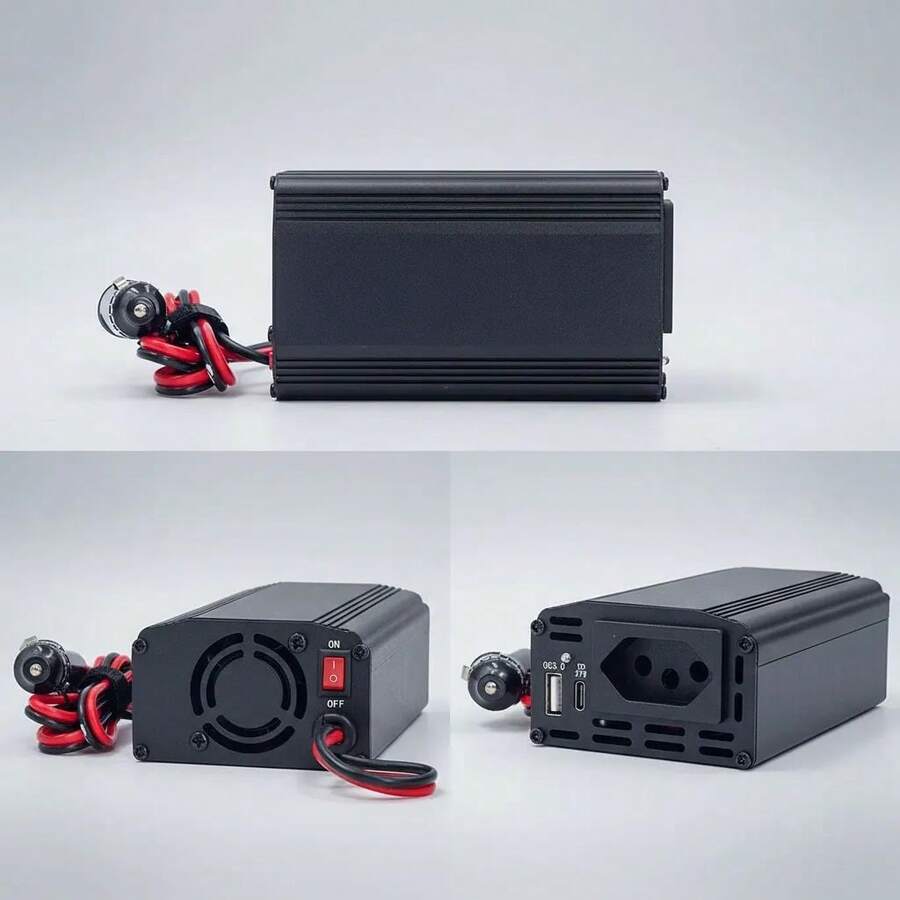 Inversor de tensão veicular 600VA conversor 12V para 110V com tomada padrão brasileiro porta USB QC3.0 e PD Type C carregamento rápido fonte portátil para carro acampamento atividades externas e emergências W - A - Visão 1