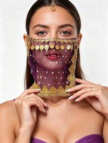 1pc Women's Belly Dance Outfit Handmade Chiffon Veil With Coins Hanging Elastic Band Dance Costume Face Covering Accessory, With Sequin Skirt Saree Sari Style Inspiration For Rave Performance. Suitable For Festivals, Parties, - Multicolor - View 6