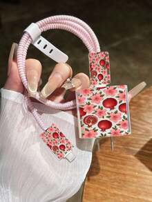 Red Pomegranate & Pink Flower Full Print Pattern Charger Cable Protector, Compatible With IPhone 14 Pro Max, Suitable For 18/20W Fast Charging Cable Winder, Anti-Breakage Tangle Storage Protector, Gift For Boyfriend/Girlfriend, Compatible With IPhone 13/12/11 - Multicolor - View 2