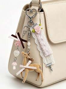 1pc INS Style Deer Keychain, Kawaii Lace Bow Bag Charm, Sakura Flower Pendant, Coquette Aesthetic Key Ring, Fairycore Backpack Charm - Multicolor - View 6
