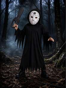 Fantasia Jason Com Motoserra e Máscara com Túnica Capuz Halloween Criança - Preto - Visão 4