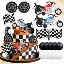 16pcs Motorcycle Theme Cake Toppers: Vintage Motorcycle Flags, Tires And Decorations, Suitable For Children's Birthday Party - Multicolor - View 1