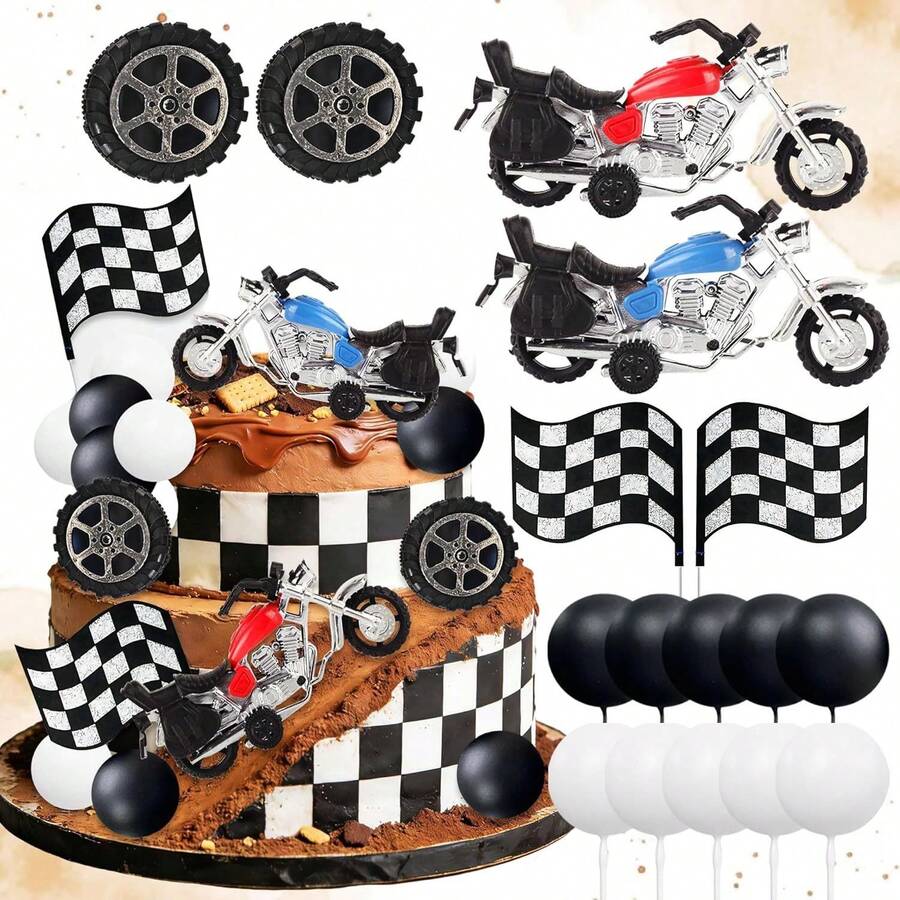 16pcs Motorcycle Theme Cake Toppers: Vintage Motorcycle Flags, Tires And Decorations, Suitable For Children's Birthday Party - Multicolor - View 1
