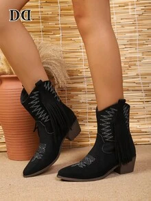 Retro Fringe Cowboy Boots, Pointed Toe Embroidery Flock Surface Chunky Mid Heel Western Ankle Footwear - Black - View 3