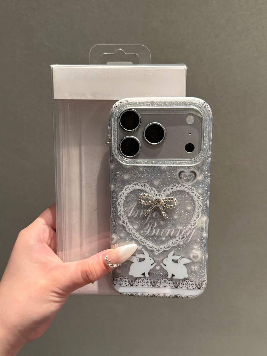 Large View Camera Cover, Silver Glitter Lace Rabbit Rhinestone Bow IPhonePhone Case, Clear Transparent Shockproof Protective Cover, Coquette Aesthetic Cute Bunny 3D Diamond Bow Anti-Drop Phone Shell Compatible For IPhone11 12 13 14 15 16 17 18 Pro Pro Max 18 Pro Pro Max - Multicolor - View 1