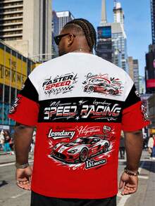 Plus Size Men's Colorblock Racing Print Crew Neck T-Shirt, American Motorcycle Loose Fit Short Sleeve, Plus Size Red White Black Patchwork Racing Slogan T-Shirt, Sports Casual Top, Plus Size SPEED Racing Motorcycle Loose Fit Crew Neck Short Sleeve - Multicolor - View 4