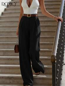 DONICY Women's Solid Color Pleated Wide Leg Loose Long Pants, Fashion Casual - Black - View 1