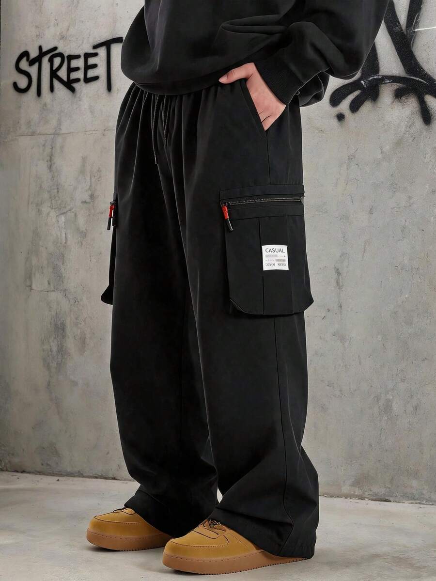 男士秋季休閒運動多口袋工裝褲,時尚極簡戶外運動長褲 黑色 - 黑色 - 查看 1