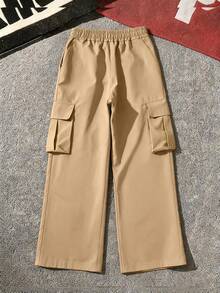 Boys' Street Style Solid Color Wide Leg Cargo Pants, Multi-Pocket Elastic Waist School Uniform Pants - Khaki - View 3