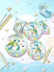 10/20/50/80pcs Light Green Turtle Theme Party Paper Supplies, Ocean Theme Tableware Set - Turtle Pattern, Seaweed Pattern, Starfish Pattern, Bottom Fish Pattern 7/9 Inch Paper Plates, Paper Cups, 6.5 Inch Napkins, Suitable For Birthday, Baby Shower, Turtle Theme Party Decoration - Multicolor - View 6