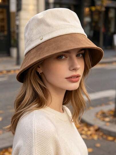 1pc Women's Spliced Bucket Hat,Casual Women Bucket Hat For Daily Outing,Warm Daily Outdoor Fall Accessory