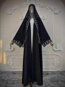 Hafizah 女款花卉印花睡袍與頭巾，休閒連身裙，適合派對、外出，阿拉伯風，春季黑色秋季 - 黑色 - 查看 10