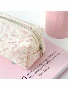 1pc Pink Floral Pencil Case, Lightweight Zipper Stationery Storage Bag, Simple Large Capacity Student Pencil Bag, Portable Pen Storage Box, Office Stationery Bag, Makeup Tool Storage Bag, Desktop Accessory, Suitable For Storing Small Items In School And Office, Pen And Pencil Storage, Daily And Travel Use Makeup Accessory Storage Bag, Back To School Season Gift - Multiple Styles - View 4