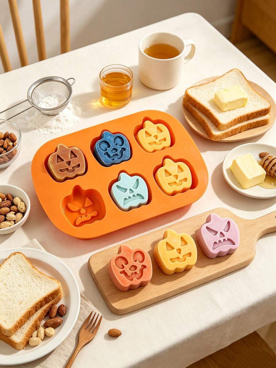 1pc Halloween Pumpkin Silicone Baking Mold, 6-Cavity Multi-Expression Pumpkin Mold, Themed Baking Tray, Suitable For Chocolate, Candy, Cake, Jelly, Pudding, Used For Halloween Party Dessert Table, Home Kitchen Baking And Dessert Decoration - Multicolor - View 1