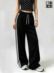 mulinsen Women's Straight Leg Ice Silk Quick Dry Striped Colorblock Sweatpants - Deep Space Black - View 5