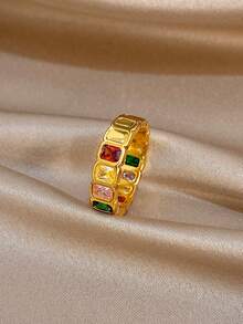 1Pc/Set Retro Flowers Open Ring Multicolor Rectangle Zirconia Ring,Gold Jewelry For Women,Party,Daily,Birthday Gifts,Christmas,Boho/Y2K/Fall/Halloween - Multicolor - View 6