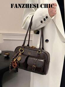 Double Pocket Belt Buckle Vintage Oil Wax Soft Leather Multi-Compartment Lock Boston Underarm Bag, American Collegiate Style, Women's Commute School Ins Shoulder Handbag - Coffee - View 6