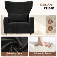 Nalupatio Velvet Accent Chairs Modern High Back Armchair Arm Chair With Lumbar Pillow, High Back Upholstered Single Sofa Chair With Gold Metal Legs For Bedroom - Black - View 6