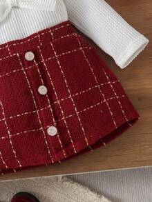 2pcs Baby Girl Luxury Elegant Style Large Bow Decor Textured Round Neck Long Sleeve Top & Plaid Skirt Set, Spring/Autumn Thin - Burgundy - View 6