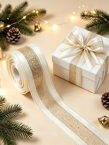 Long Champagne Glitter Satin Ribbon, Lace Satin Mesh, Suitable For Gift Wrapping, DIY Bows, Wedding Favors, Christmas Tree Decoration, Table Centerpiece Decoration, Fireplace Mantel Decoration, Elegant Ribbon - Multicolor - View 5