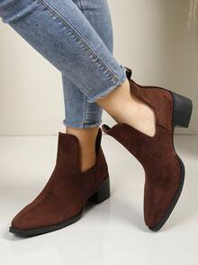 WTKMRSSTEP Minimalist V-Neck Chelsea Boots Women Pointed Toe Chunky Heel Vintage Style Versatile Ankle Boots - Brown - View 3