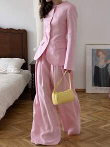 Casual Elegant Women's Pink Non-Stretch Button-Front Cardigan And Matching Wide-Leg Pants 2 Pieces Set - Pink - View 5