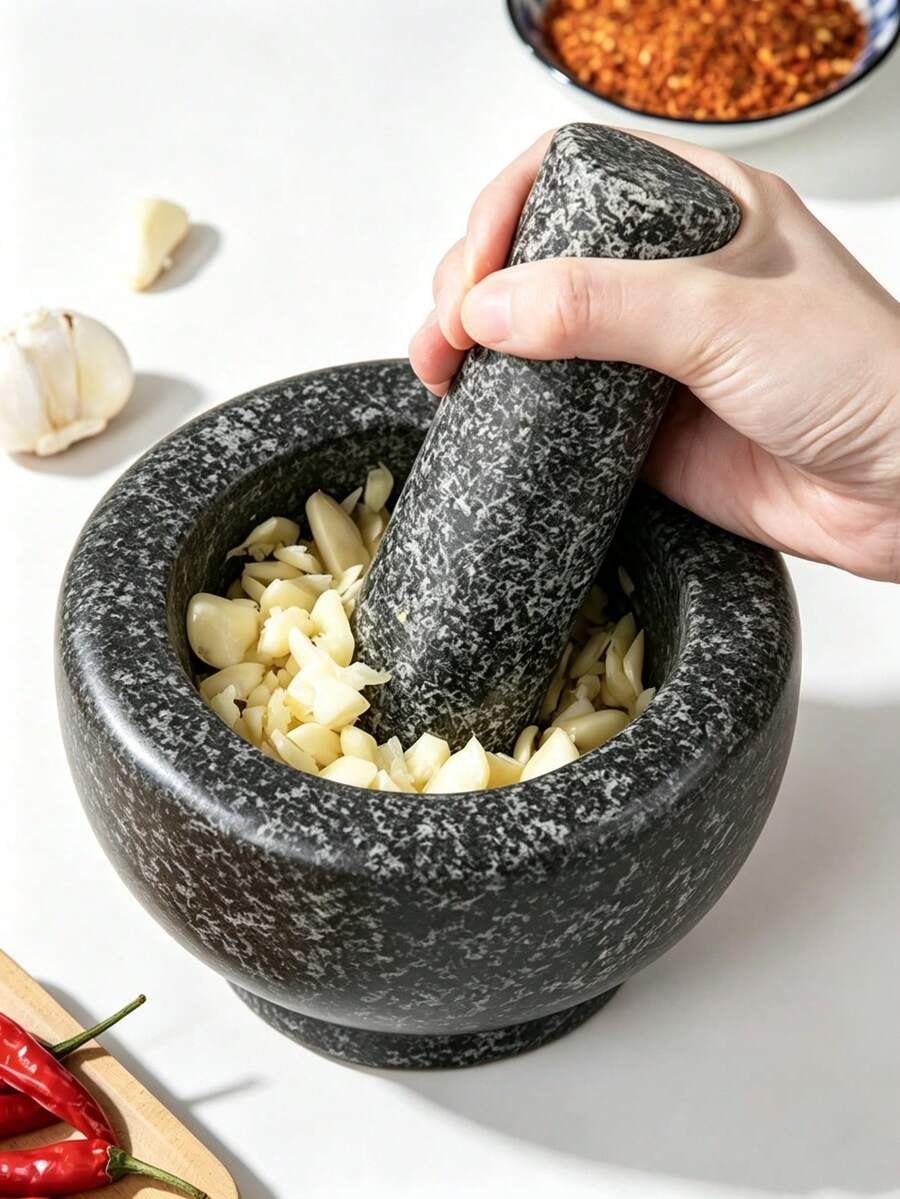 Mortar And Pestle Set, Stone & Wooden Garlic Grinder, Multi‑Purpose Spice Herb Grinder Bowl For Kitchen, Garlic Ginger Pepper Grinding Tool,Manual Grinder Bowl,Easy To Clean,Kitchen Essential,Solid & Stable - Multicolor - View 1