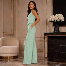 Conjunto Feminino Alfaiataria Premium Colete Decote V Com Botões e Calça Pantalona Cintura Alta Elegante - Verde Menta - Visão 3