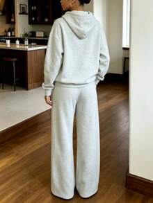 Solid Color Long Sleeve Hoodie & Pocket Drawstring Sweatpants 2 Pieces Set - White - View 2