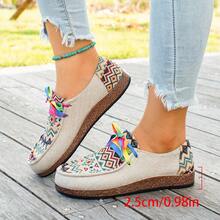 Sepatu Kasual Kanvas Motif Geometris Wanita, Sepatu Loafer Slip-On Bertali Motif Pelangi, Sol Tebal Bernapas, Model Patchwork - Red and White - View 7