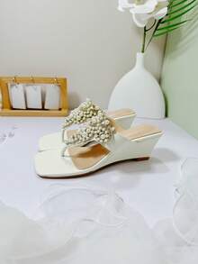 Beautiful Women's Wedge Sandals With Pearl Design Decor, Fairy Wedding Party Gathering - White - View 6