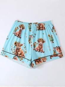 Plus Size 3-Piece Pajama Set For Women, Cool Short Sleeve, Plus Size Sleepwear Set, Plus Size Body, 3-Piece Set, Shorts And Long Pants, Lapel Button Short Sleeve, All Season Wear, Plus Size, Home Wear, Comfortable And Loose, Animal Highland Cow And Sunflower Print - Baby Blue - View 9