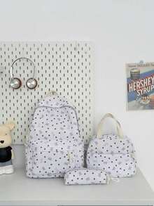 1 Set Fashionable Collegiate Style Heart/Bow Print Backpack Set, Includes Backpack, Lunch Bag And Pencil Case, With Laptop Compartment, Adjustable Shoulder Straps, Multi-Pocket Large Capacity, Multi-Function School Bag Set, Suitable For Girls/Teenagers/College Students/Graduates Daily Use/Vacation/Travel/Back To School. - Multicolor - View 14