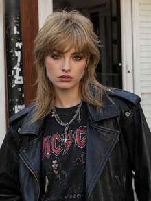 Heat Resistant Synthetic Mullet Wig For Women Ash Blonde Shag Layered Wolf Cut Wig With Bangs Vintage 80s Punk Rocker Hairstyle Wig For Daily Halloween Party Cosplay - Brown - View 3