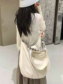 開學季韓系小眾設計 Ins 風條紋大容量腋下單肩托特包 學生休閒極簡雙肩帶刺繡帆布包 女款可折疊輕量肩背托特包 - 白色 - 查看 7