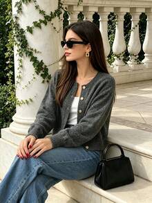 Women's Solid Color Round Neck Single-Breasted Metal Button Ribbed Long Sleeve Loose Casual Cardigan - Daily Casual Wear - Dark Grey - View 2